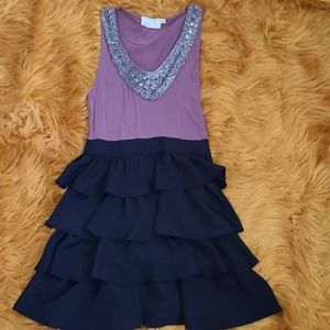 Lush Beaded V-Neck Ruffled Dress